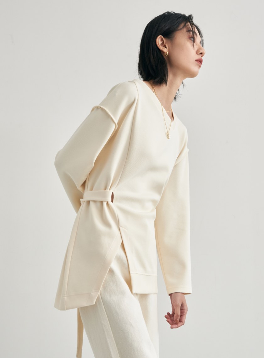 不規則剪裁腰帶長版衛衣